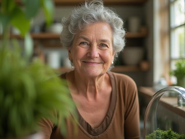 Connie Byrd smiling in her Charleston terrarium workshop, surrounded by lush green plants