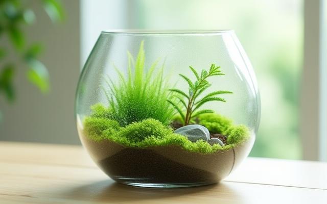 A beautifully finished closed terrarium sitting on a wooden table, glistening with dew