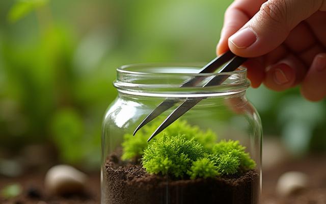 Close-up of hands carefully placing a small fern into a terrarium with tweezers