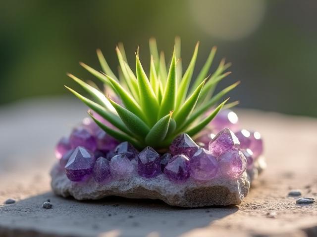Air plant perched on a natural crystal cluster