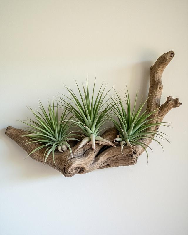 Air plant arrangement on a piece of natural driftwood mounted on a wall