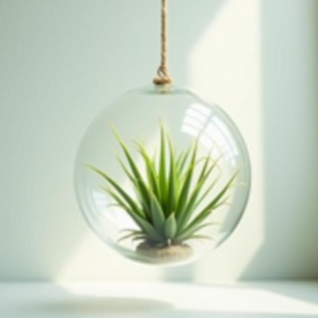 Air plant suspended in a clear glass globe