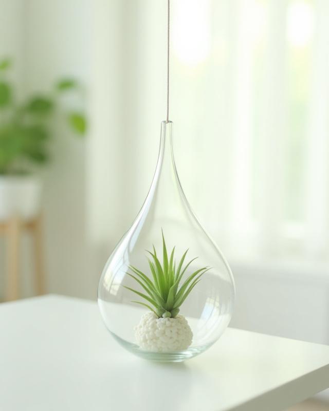 Air plant in a tear-drop shaped hanging glass globe