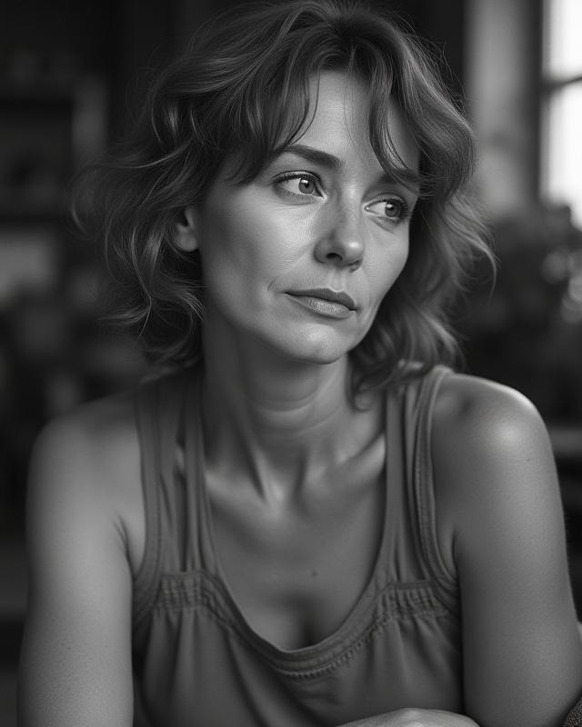 Thoughtful black and white portrait of Connie S. Byrd, the artist, reflecting on her work.