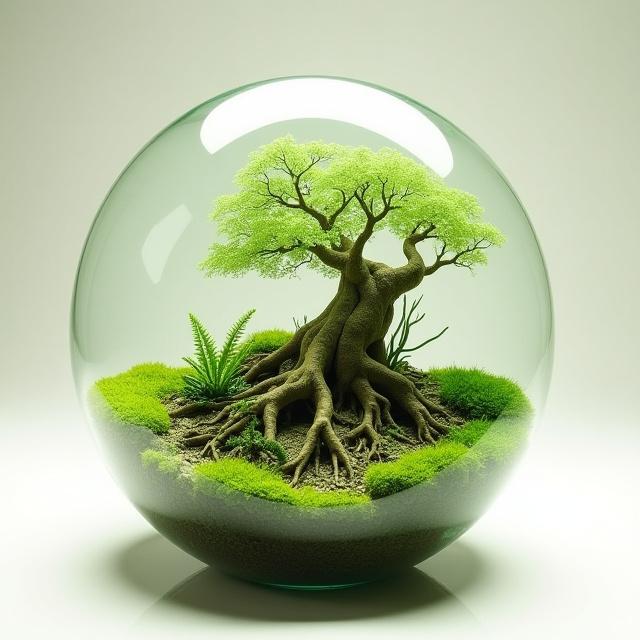 A large, intricate botanical sculpture named 'Celestial Bloom', featuring intertwined Ficus microcarpa and delicate mosses within a hand-blown glass vessel.