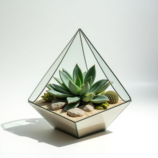 'Desert Sentinel', an arid botanical sculpture featuring succulents, cacti, and desert rock formations in a geometric glass container.