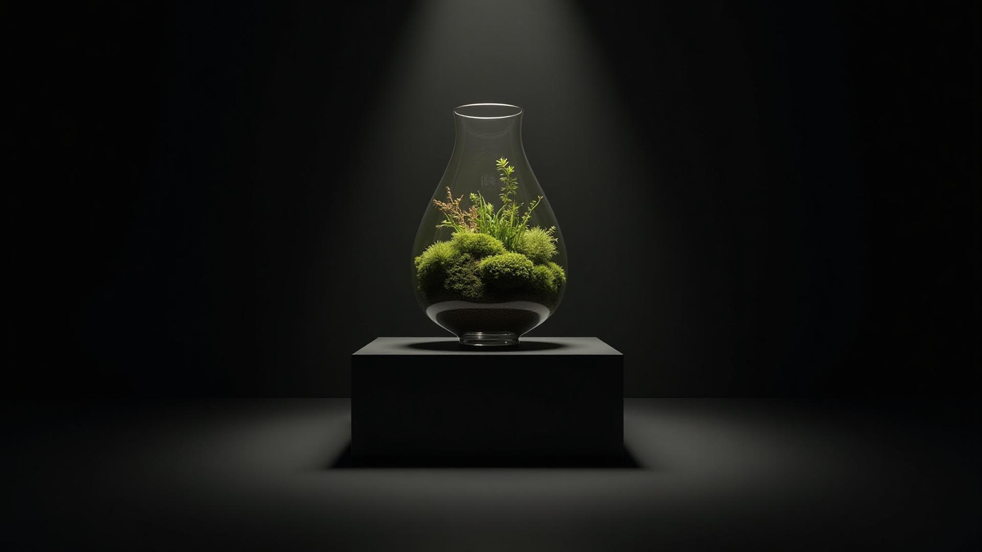 Dramatic, gallery-style shot of a single, stunning botanical sculpture against a dark, plain background, appearing like a rare art piece.