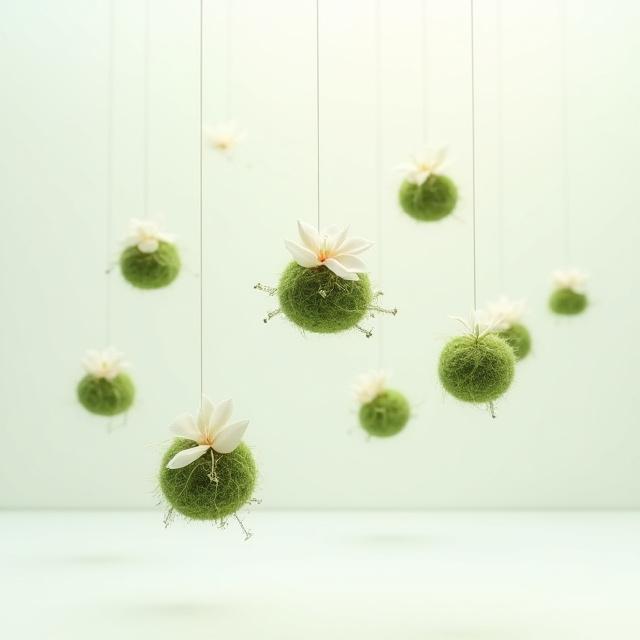 A dynamic installation of suspended Kokedama spheres, featuring varied plants like orchids and air plants, creating a 'living cloud' effect.