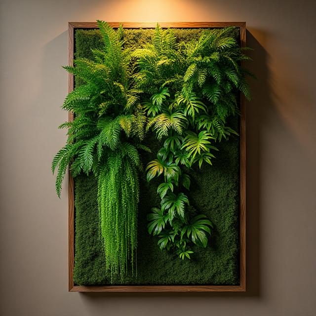 'Verdant Cascade', a living wall panel sculpture with a variety of ferns and trailing plants cascading downwards, framed in reclaimed wood.
