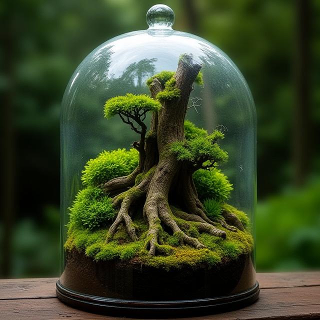 'Whispering Forest', a large closed terrarium resembling a miniature ancient forest with aged wood and various forest botanicals.