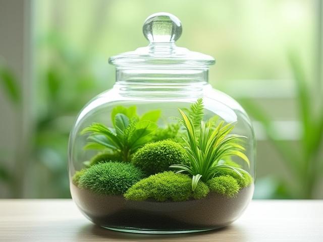 Lush closed terrarium in an apothecary jar