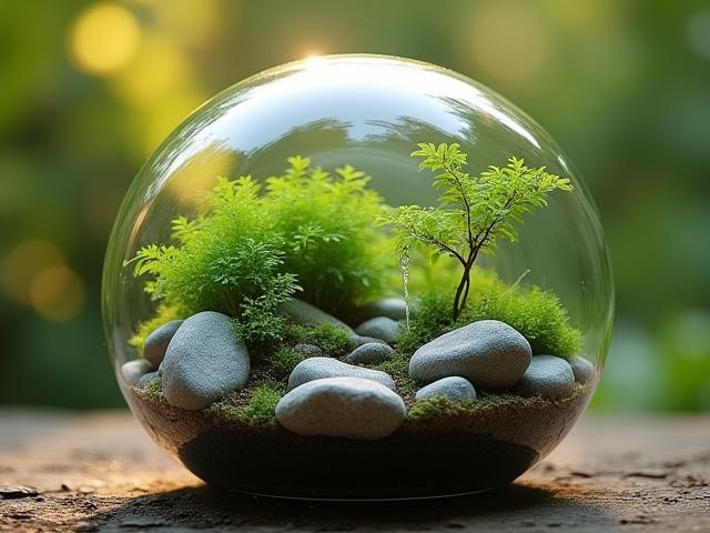 Custom closed terrarium with river stones and water feature