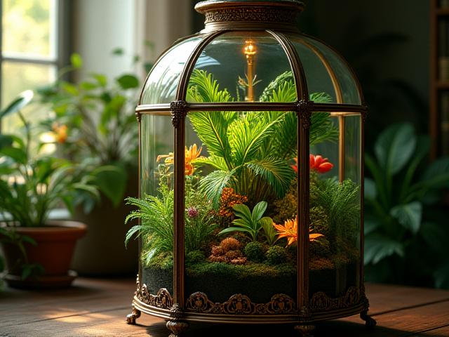 Wardian case terrarium with tropical plants