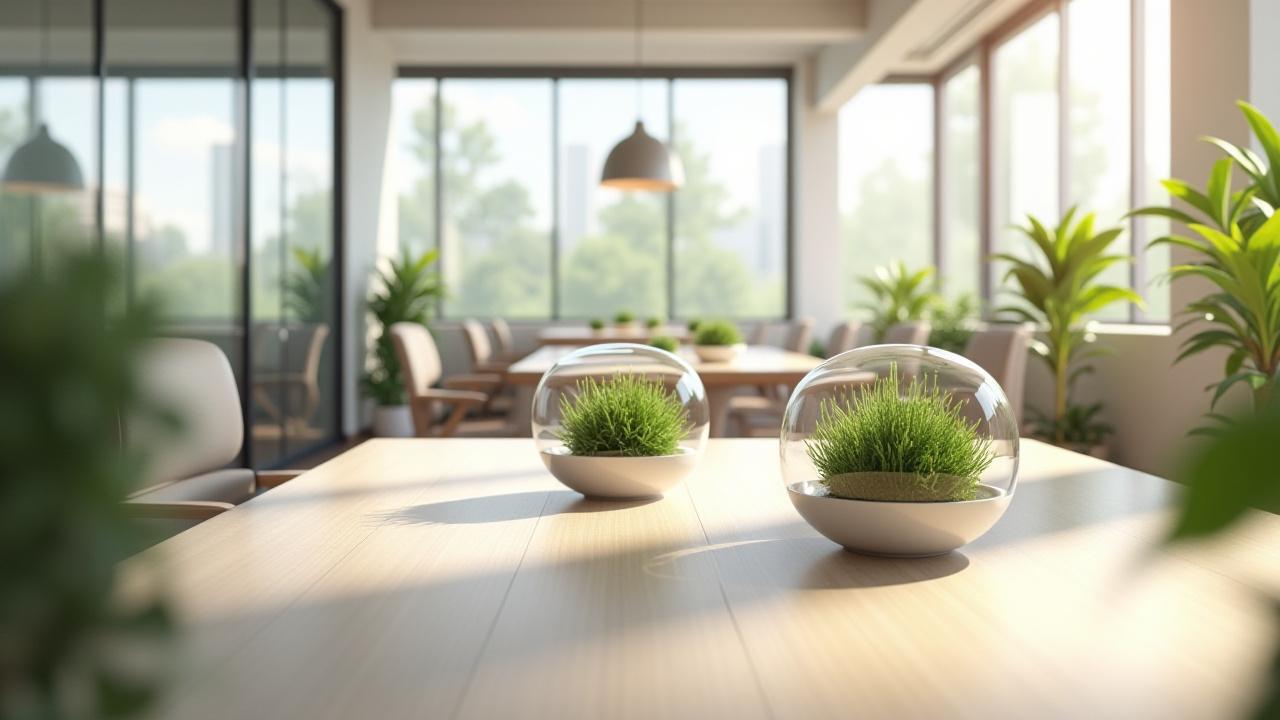 A modern, open-plan office space featuring several CONNIE S BYRD terrariums on desks and communal tables, creating a vibrant and serene atmosphere.