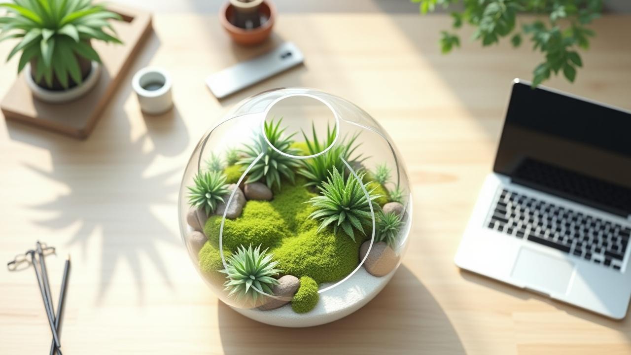 A elegantly designed desktop terrarium with lush plants, on a modern desk with a laptop and coffee cup, hinting at a productive and serene workspace.