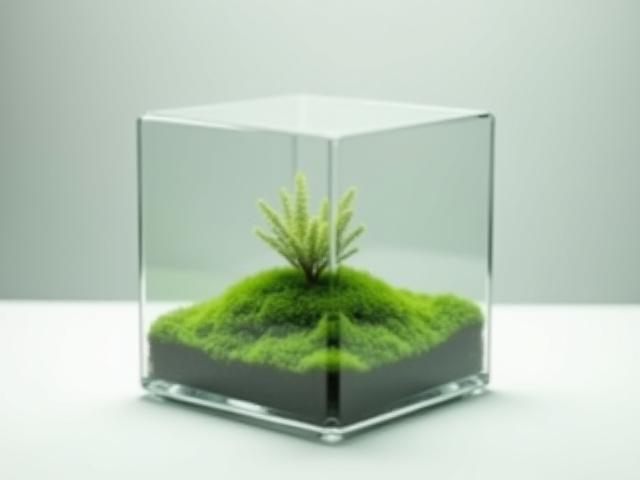 A minimalist desktop terrarium in a clear glass cube with a single moss mound and tiny fern.