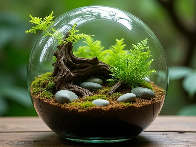 A naturalistic desktop terrarium featuring driftwood, river stones, and a variety of small ferns.