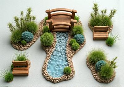 Miniature garden decorations including a tiny bridge and pond