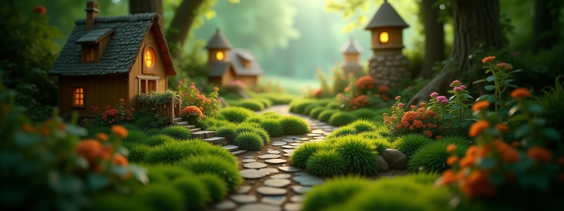 Soft-focus, misty fairy garden with glowing lights and tiny structures