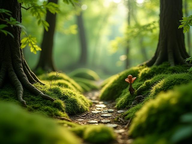 Lush enchanted forest fairy garden with tall miniature trees and tiny clearings