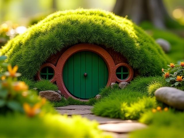Charming hobbit hole themed fairy garden with round door and green rolling hills