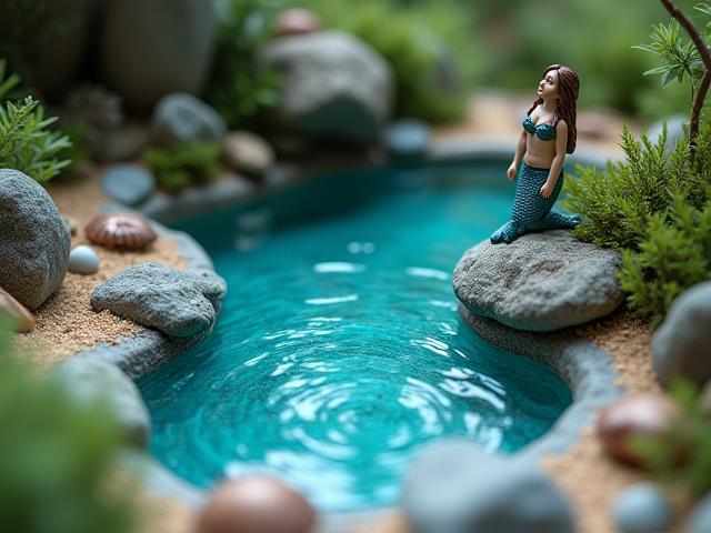 Whimsical mermaid's grotto fairy garden with blue stones and miniature shell decorations