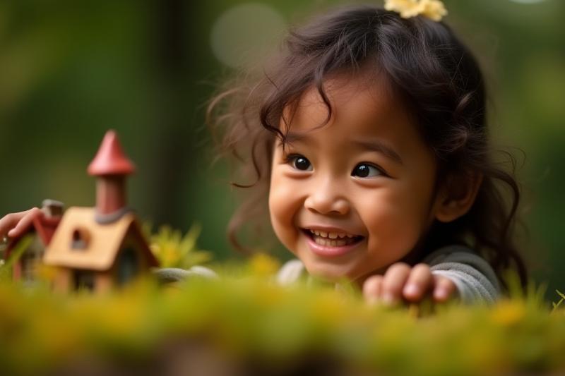 A child joyfully looking at a beautifully crafted fairy garden