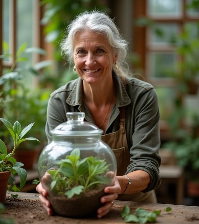 Warm, professional photo of Connie S. Byrd focusing intently while crafting a lush terrarium.