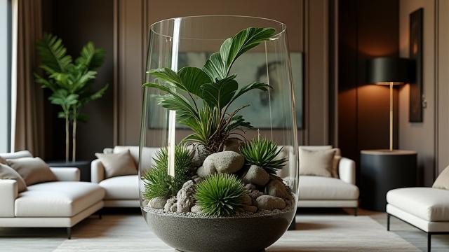 Unique botanical sculpture as a centerpiece in a sophisticated living room of a Charleston art collector