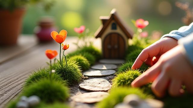 Whimsical fairy garden with tiny figurines and colorful mini plants, enjoyed by a child in South Hills