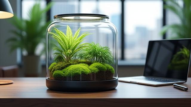 Sleek desktop jungle terrarium on a minimalist office desk in downtown Charleston