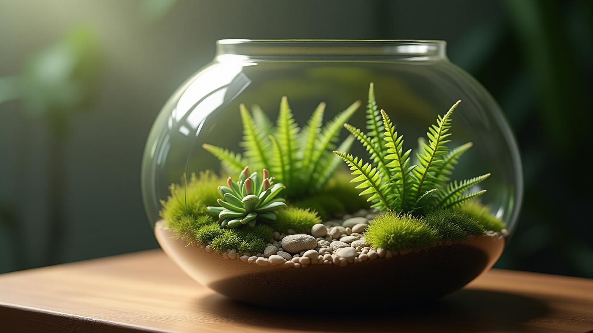 A stunning closed terrarium with lush ferns, moss, and miniature trees, bathed in soft, natural light, representing handcrafted living ecosystems.