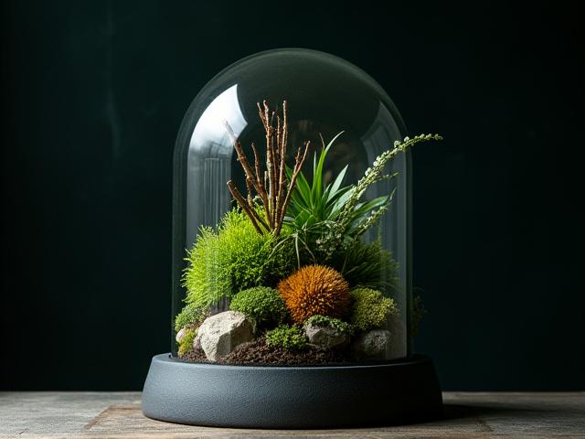 Artistic botanical sculpture featuring unique plants and natural elements in an abstract form