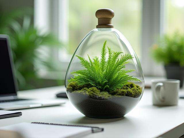 Vibrant desktop jungle terrarium on a minimalist desk with office supplies