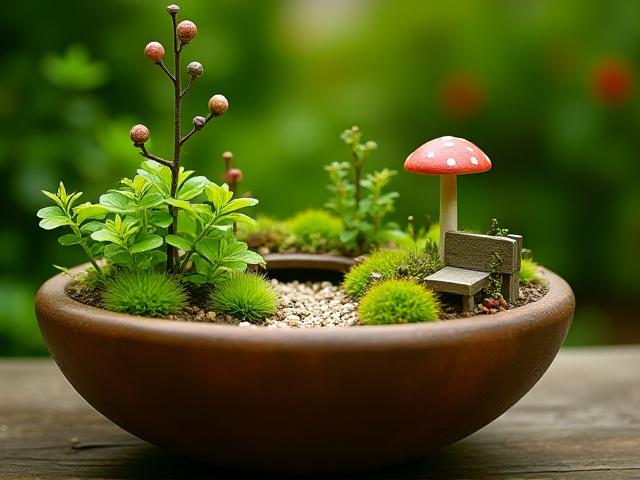 Whimsical miniature garden with tiny plants, pathway, and small decorative elements