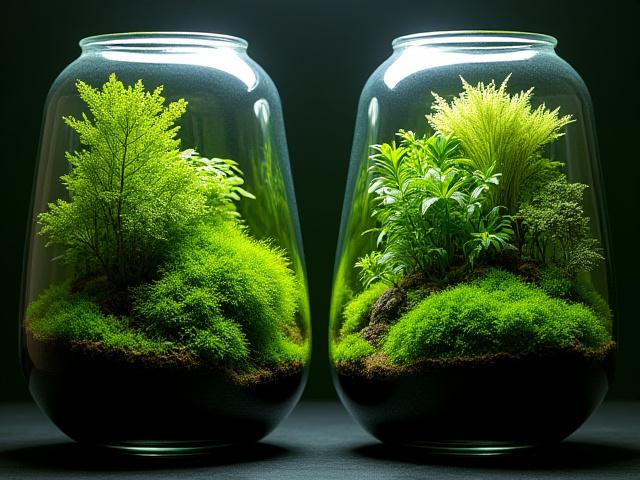 The same closed terrarium from 2021, re-photographed in the present, with matured, lush plant growth filling the glass, indicating a healthy, self-sustaining ecosystem.