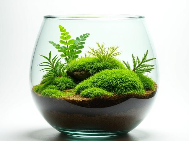 A closed terrarium pictured shortly after its creation in 2021, showing young, newly planted mosses and ferns within a clear glass vessel.