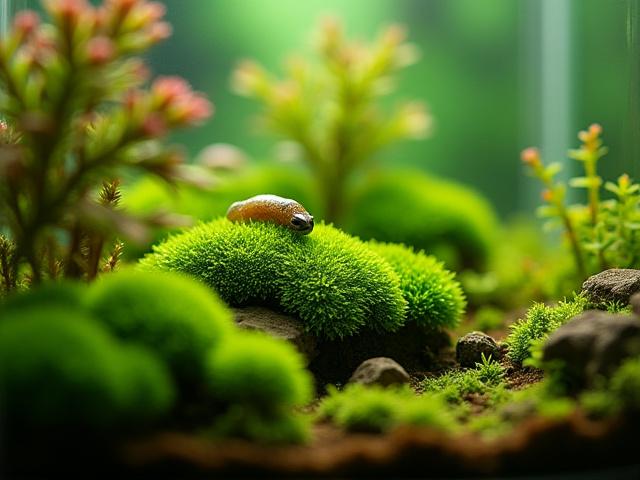 A macro shot inside a vibrant, self-sustaining closed terrarium, showcasing intricate mosses, ferns, and springtails on a humid substrate.