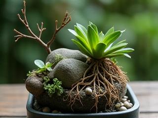 Abstract botanical sculpture with unique plant forms and rocks