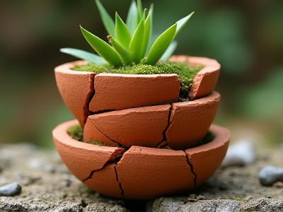 Creative broken ceramic pot for a miniature garden