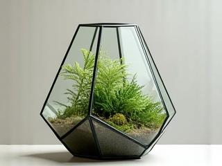 A sleek, modern glass terrarium functioning as a desktop jungle