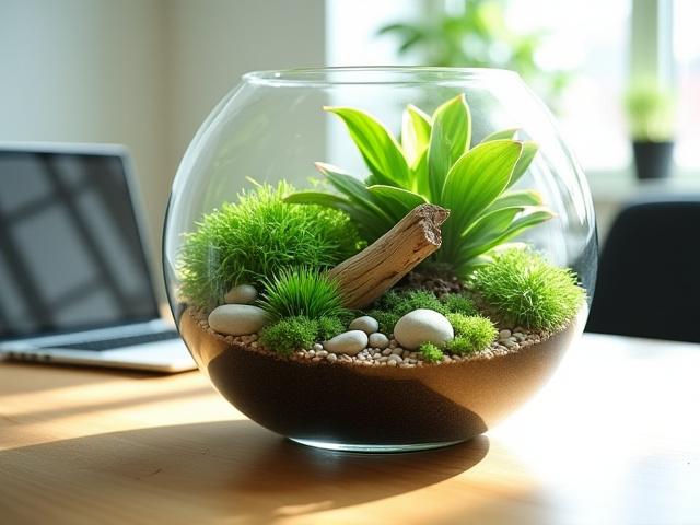 Lush desktop jungle terrarium on an office desk