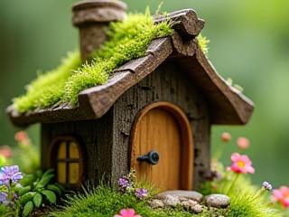 Whimsical fairy garden with a tiny house and lush moss