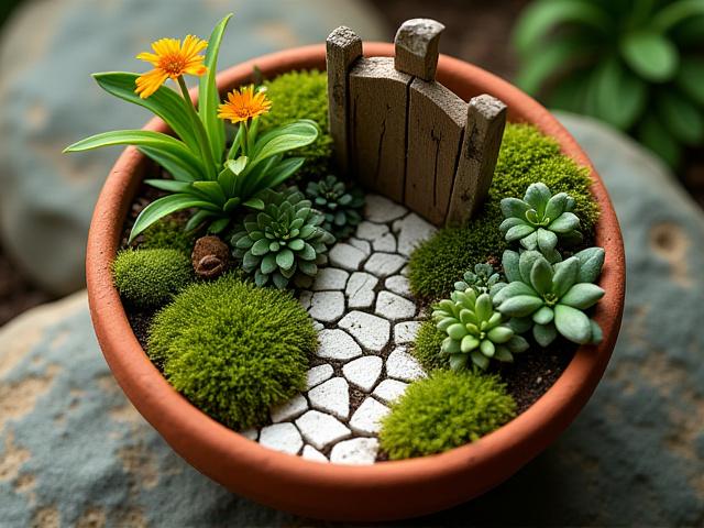 Overview of a beautifully arranged fairy garden with small plants and props