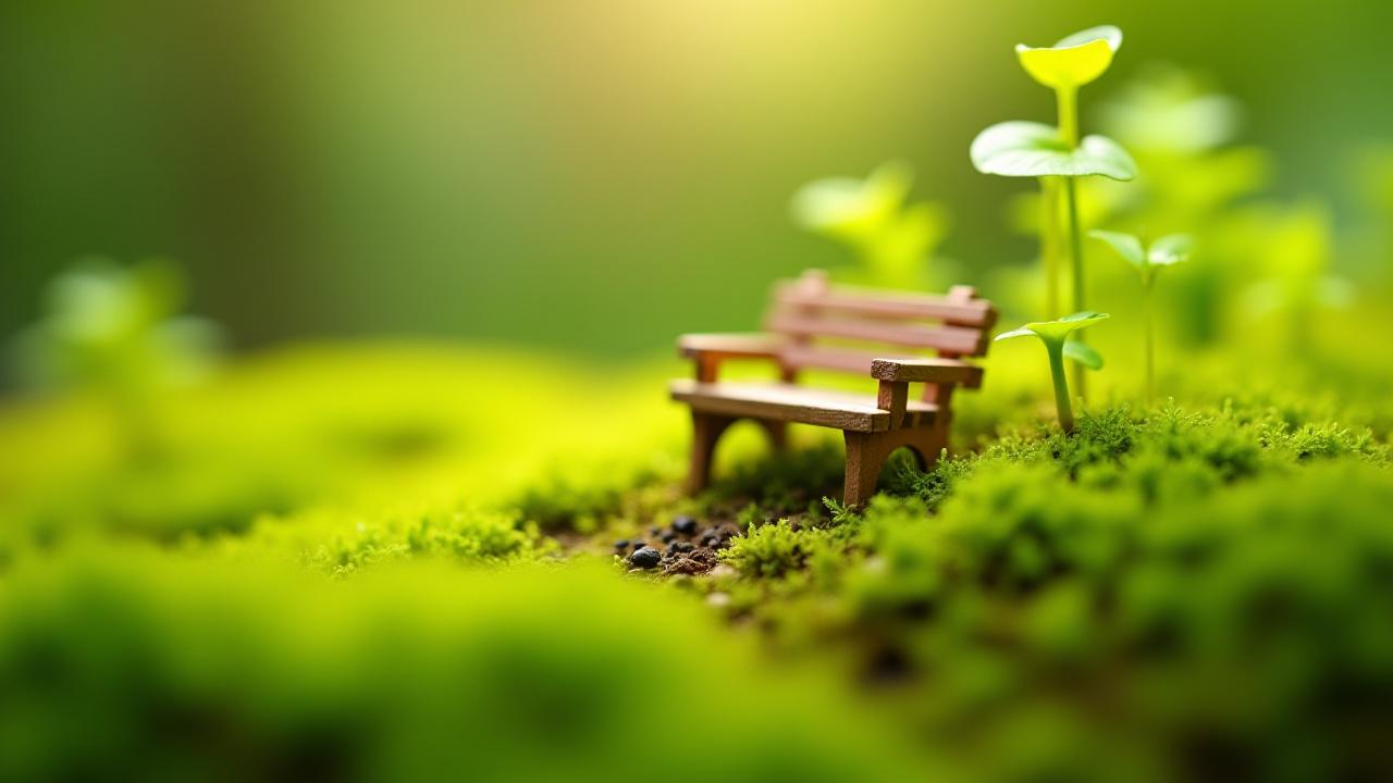 Close-up detail of a miniature garden with a tiny wooden bench and lush green moss