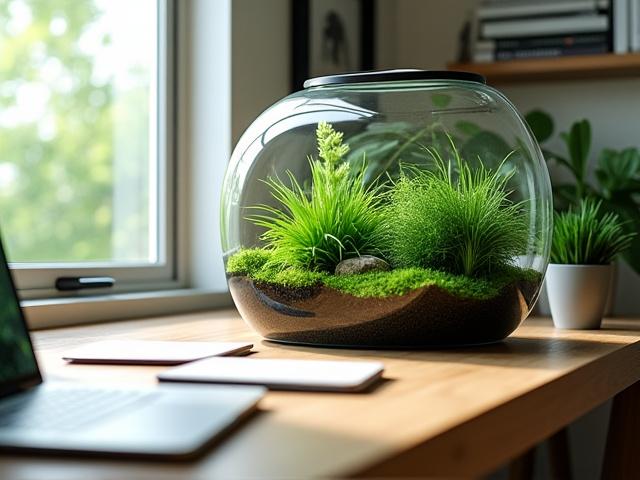A modern desktop jungle terrarium sitting on a clean, organized office desk, illuminated by natural light