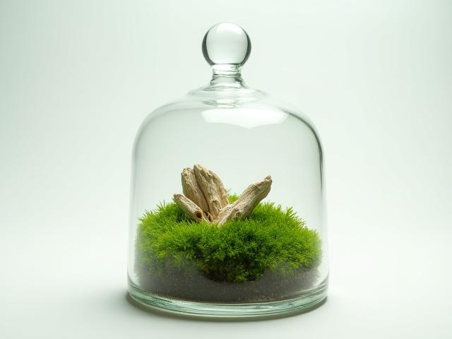 A delicate moss terrarium under a vintage glass cloche, showcasing vibrant Cushion Moss and a miniature piece of driftwood.