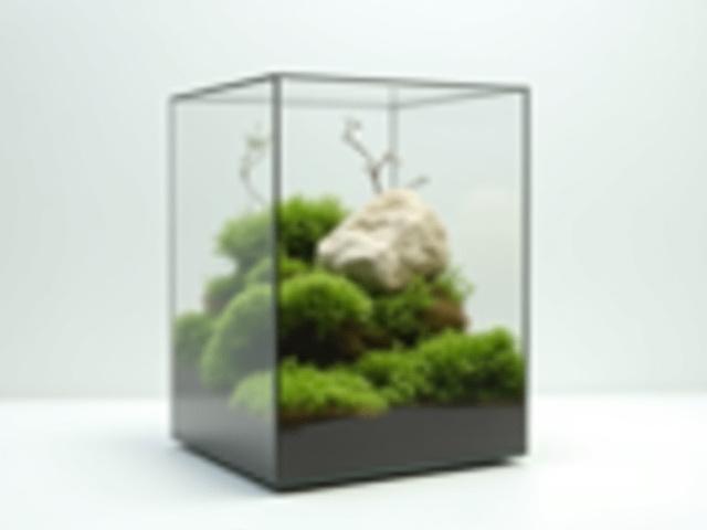 Modern cubic glass terrarium filled with layers of Sheet Moss and Fissidens, creating a layered green landscape with a subtle elevation from a small branch.