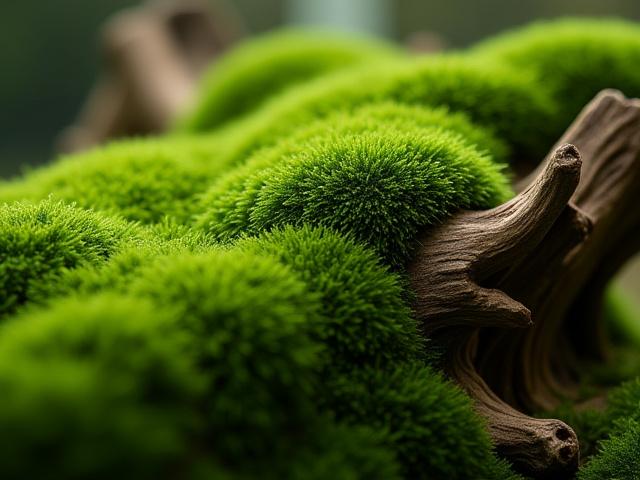 Close-up of a terrarium section featuring Pillow Moss gracefully growing over intertwining driftwood pieces, emphasizing organic texture.