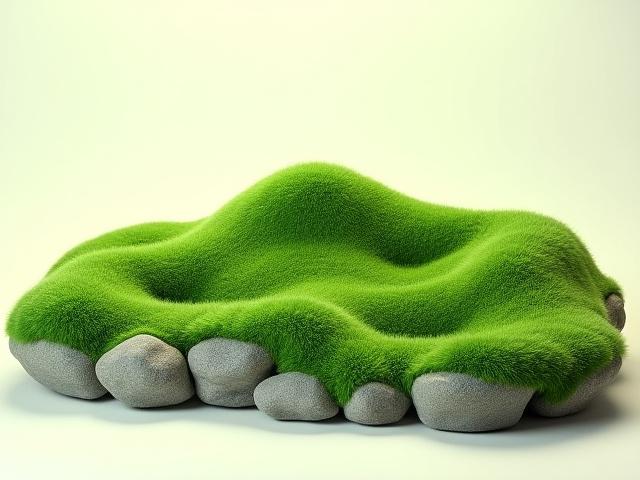 A verdant moss terrarium with a distinct, gentle hill formation created from Sheet Moss, reminiscent of rolling hills, with small polished stones.